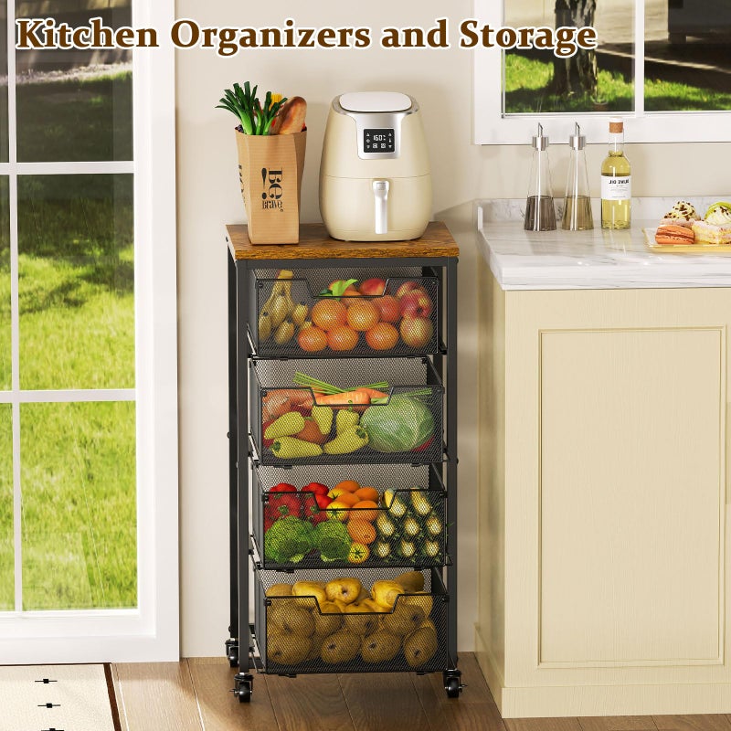 Zuyachuza Kitchen Rolling Cart with Drawers, 4-Tier Fruit Vegetable Storage Cart on Wheels with Wooden Top, Kitchen Rolling Storage Rack to Storage Cans Snacks and Potato for Kitchenï¼Œ(Patent Pending) - Image 4