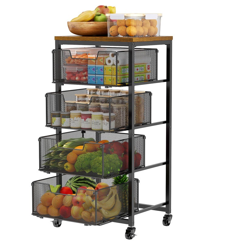 Zuyachuza Kitchen Rolling Cart with Drawers, 4-Tier Fruit Vegetable Storage Cart on Wheels with Wooden Top, Kitchen Rolling Storage Rack to Storage Cans Snacks and Potato for Kitchenï¼Œ(Patent Pending) - Image 1