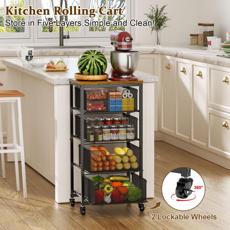 Zuyachuza Kitchen Rolling Cart with Drawers, 4-Tier Fruit Vegetable Storage Cart on Wheels with Wooden Top, Kitchen Rolling Storage Rack to Storage Cans Snacks and Potato for Kitchenï¼Œ(Patent Pending) - Image 2