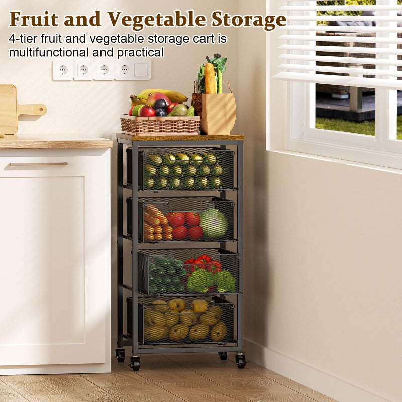 Zuyachuza Kitchen Rolling Cart with Drawers, 4-Tier Fruit Vegetable Storage Cart on Wheels with Wooden Top, Kitchen Rolling Storage Rack to Storage Cans Snacks and Potato for Kitchenï¼Œ(Patent Pending) - Image 5