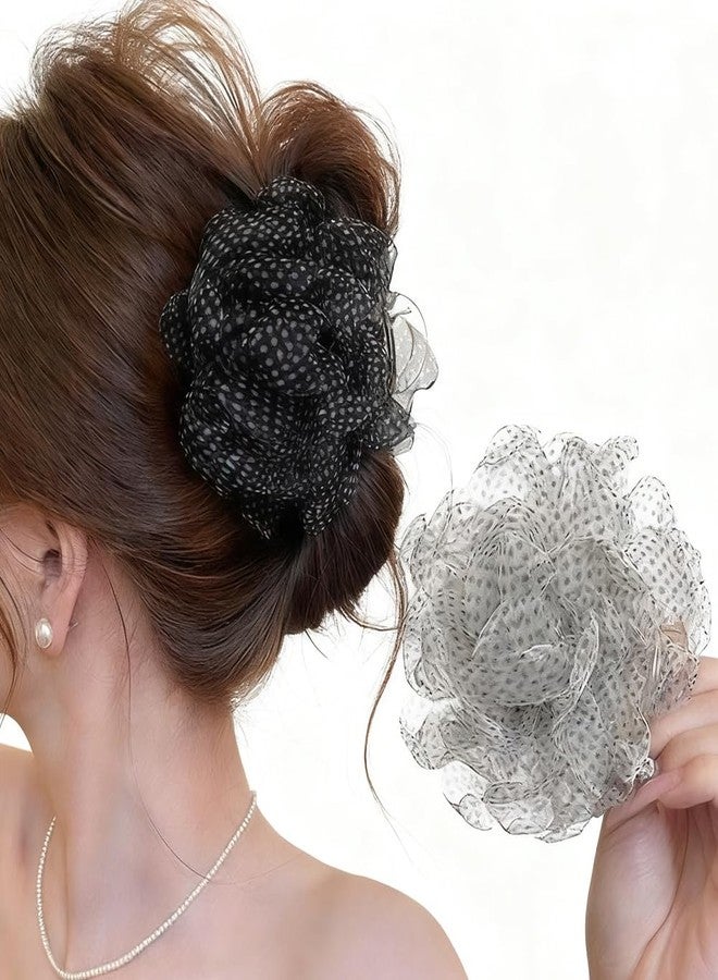 Melodio 2PCS Women's Mesh Polka Dot Flower Hair Claw Clips - Chiffon Dot Hair Clips, Elegant Ponytail and Bun Clips for Thick Hair, Parties and Weddings (Black and White) - Image 1