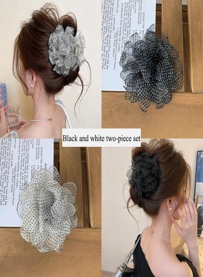 Melodio 2PCS Women's Mesh Polka Dot Flower Hair Claw Clips - Chiffon Dot Hair Clips, Elegant Ponytail and Bun Clips for Thick Hair, Parties and Weddings (Black and White) - Image 2