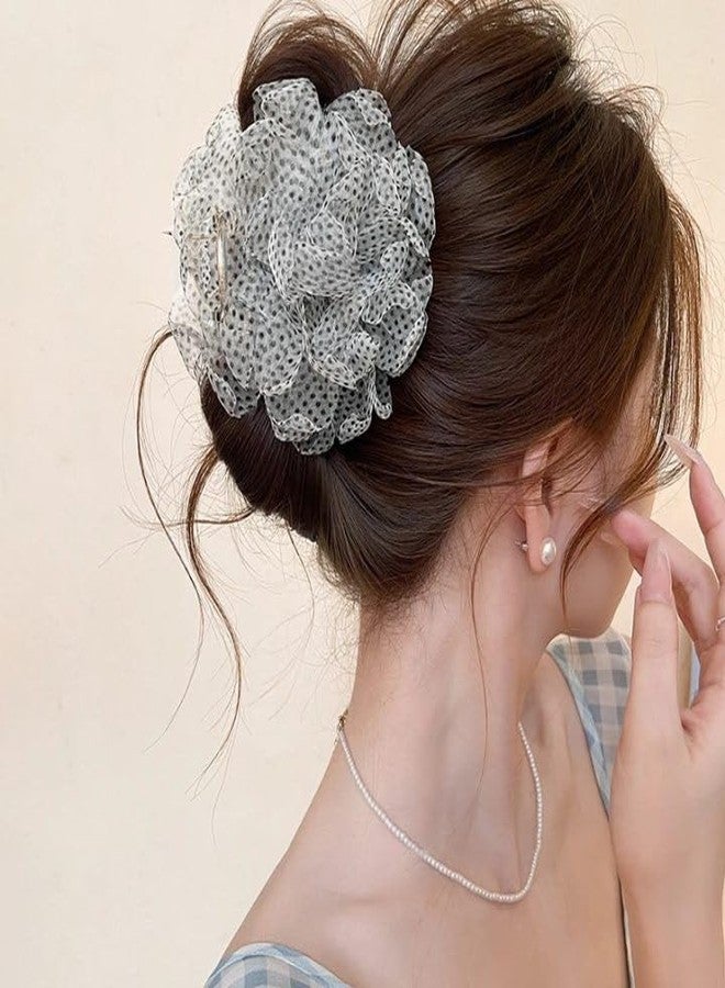 Melodio 2PCS Women's Mesh Polka Dot Flower Hair Claw Clips - Chiffon Dot Hair Clips, Elegant Ponytail and Bun Clips for Thick Hair, Parties and Weddings (Black and White) - Image 3