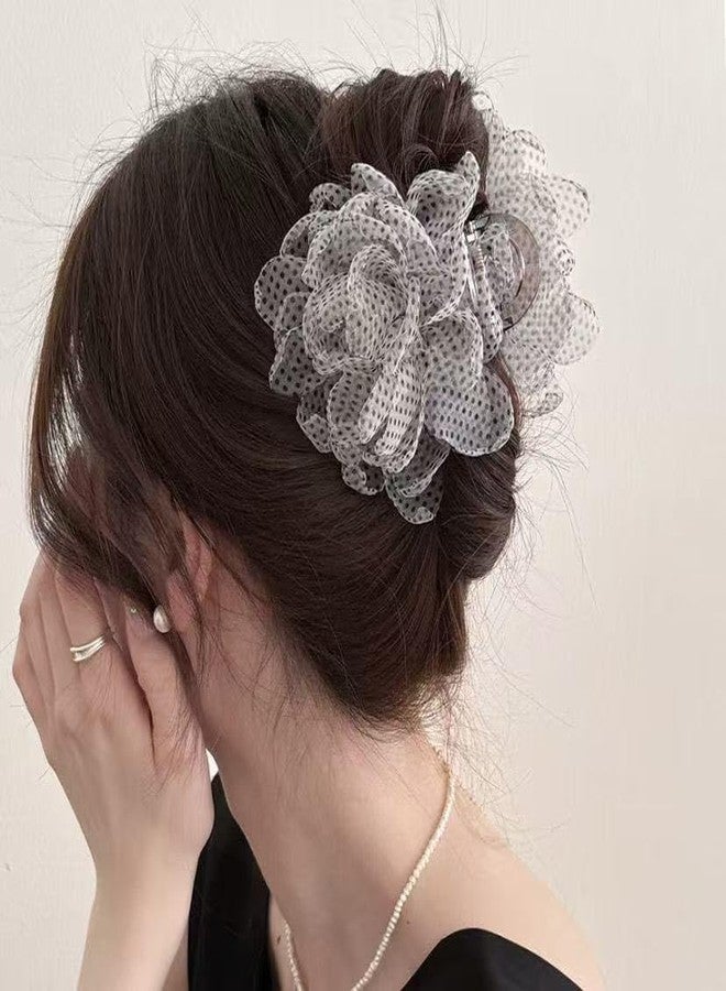 Melodio 2PCS Women's Mesh Polka Dot Flower Hair Claw Clips - Chiffon Dot Hair Clips, Elegant Ponytail and Bun Clips for Thick Hair, Parties and Weddings (Black and White) - Image 5