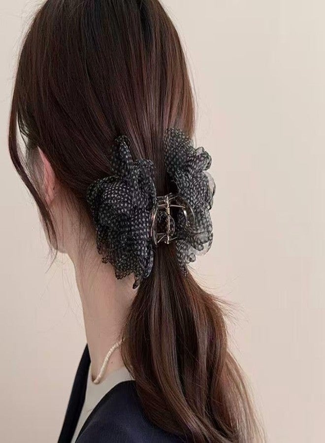 Melodio 2PCS Women's Mesh Polka Dot Flower Hair Claw Clips - Chiffon Dot Hair Clips, Elegant Ponytail and Bun Clips for Thick Hair, Parties and Weddings (Black and White) - Image 4
