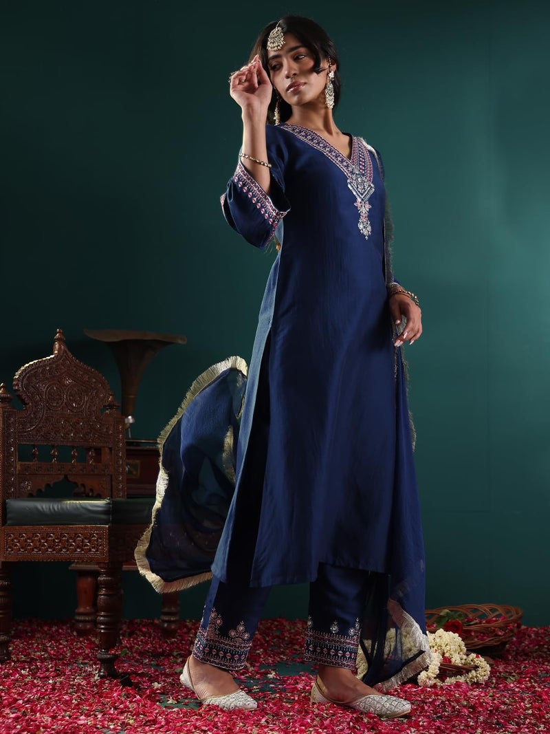 Varanga Women Blue Embroidered Straight Kurta Paired With Tonal Embroidered Bottom And With Tonal Chiffon Dotted Dupatta - Image 2