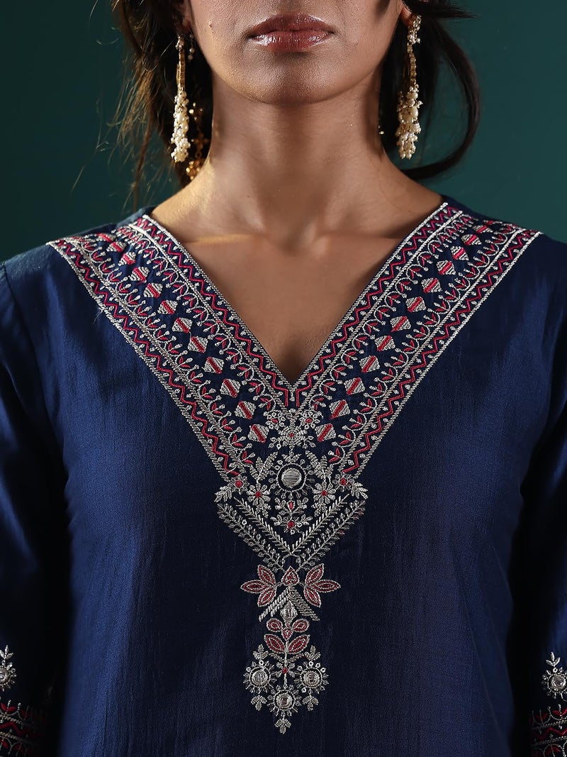Varanga Women Blue Embroidered Straight Kurta Paired With Tonal Embroidered Bottom And With Tonal Chiffon Dotted Dupatta - Image 4
