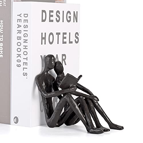 Ambipolar Romantic Reading Couple Bookshelf Decor, Cast Iron Bookend, Aesthetic Room Decor, Office Desk Decor, Home Decorative Bookend for Heavy Books, Satin Black - Image 1