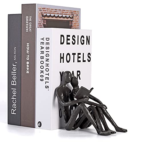 Ambipolar Romantic Reading Couple Bookshelf Decor, Cast Iron Bookend, Aesthetic Room Decor, Office Desk Decor, Home Decorative Bookend for Heavy Books, Satin Black - Image 4