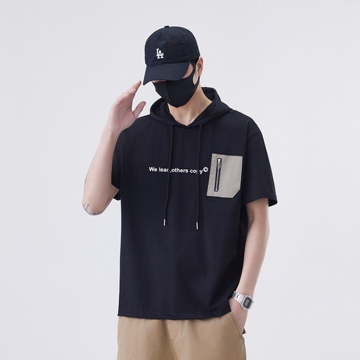 Breathable Anti-Wrinkle Hooded American Retro Shirt Men'S Trendyy Men'S Short-Sleeved Youth Lapel T-Shirt Men - Image 1