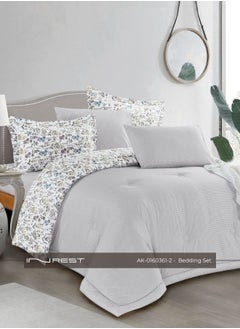 Inrest Home 6-Piece Bedding Set – Includes King Comforter (230×250 cm), Fitted Sheet, and 4 Pillow Covers – 100% Cotton in White and Light Gray with Small Floral Patterns.  - Image 1