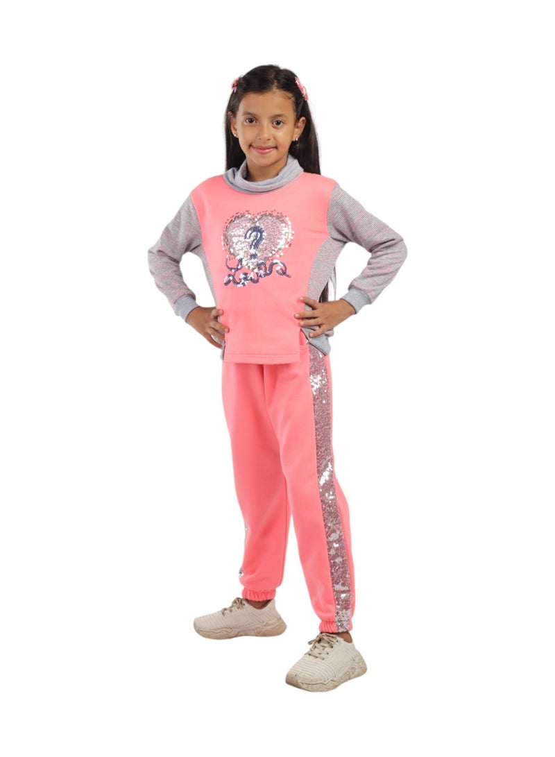 CHOiCE Soft Milton Fabric Tracksuit for Girls Bright Colors and Stripe Design with Sequin Heart Details code 539 - Image 1