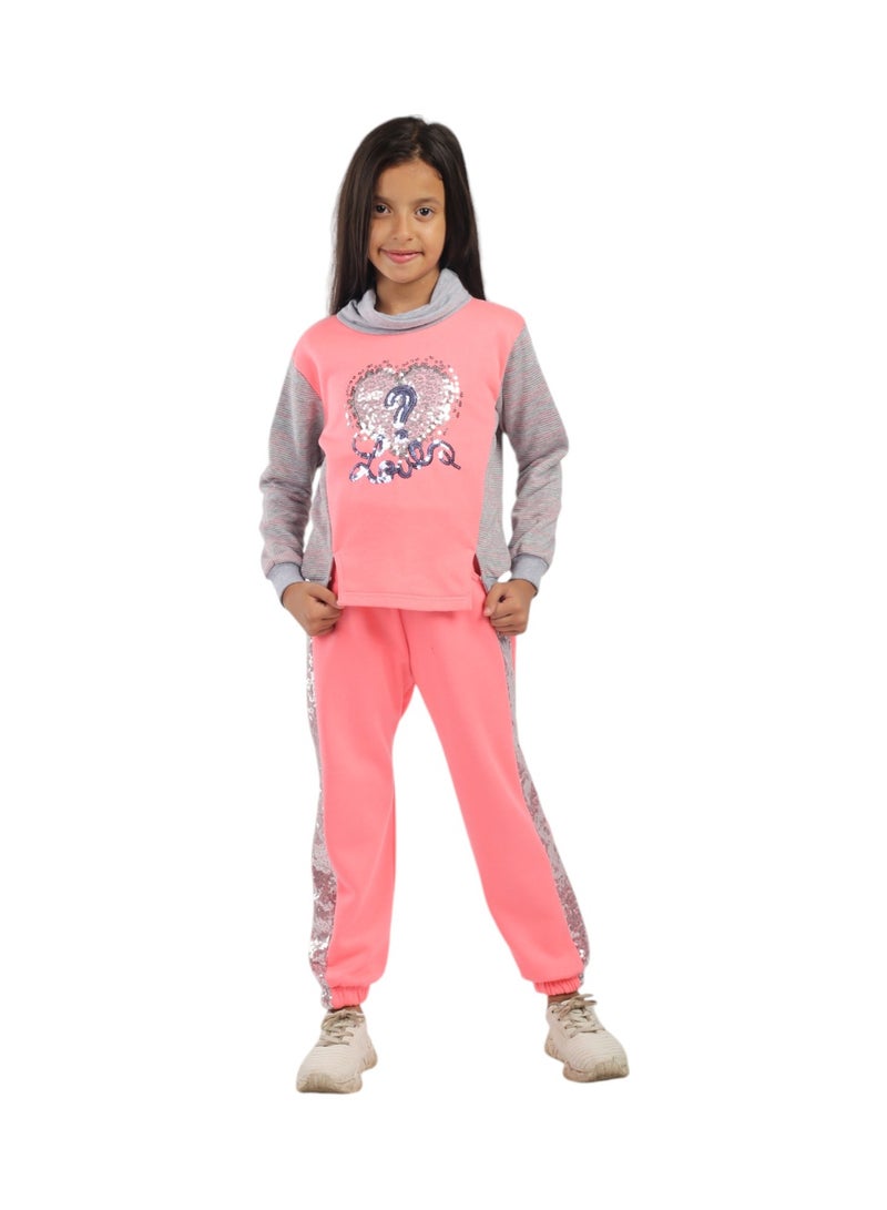 CHOiCE Soft Milton Fabric Tracksuit for Girls Bright Colors and Stripe Design with Sequin Heart Details code 539 - Image 2