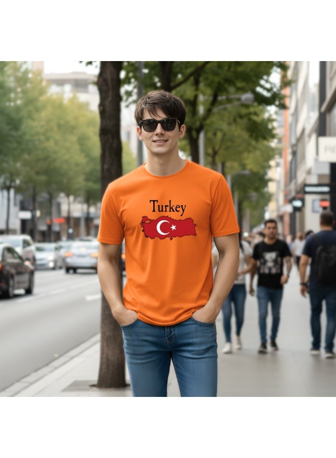Turkey Flag Printed Men's T-Shirt Orange Round Neck Short Sleeve Cotton Tee–Travel Souvenir Gift–Soft & Comfortable - Image 3