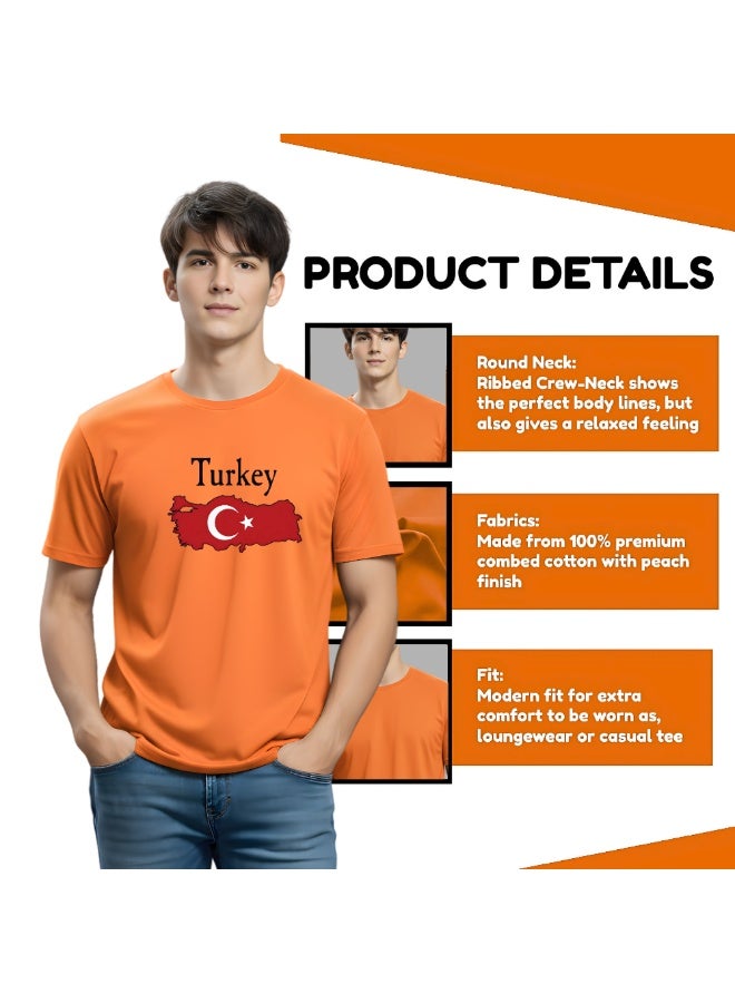 Turkey Flag Printed Men's T-Shirt Orange Round Neck Short Sleeve Cotton Tee–Travel Souvenir Gift–Soft & Comfortable - Image 4