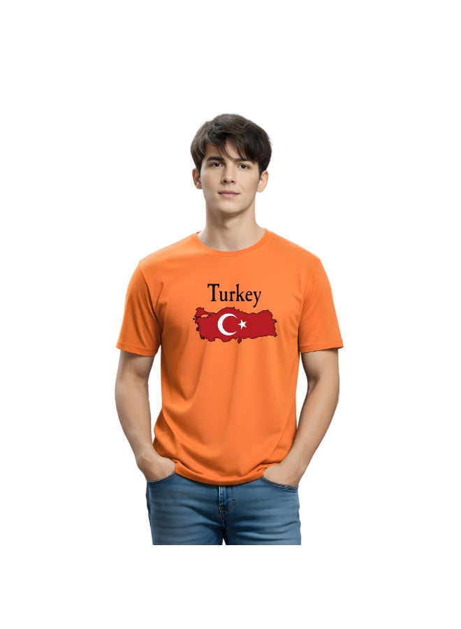 Turkey Flag Printed Men's T-Shirt Orange Round Neck Short Sleeve Cotton Tee–Travel Souvenir Gift–Soft & Comfortable - Image 1