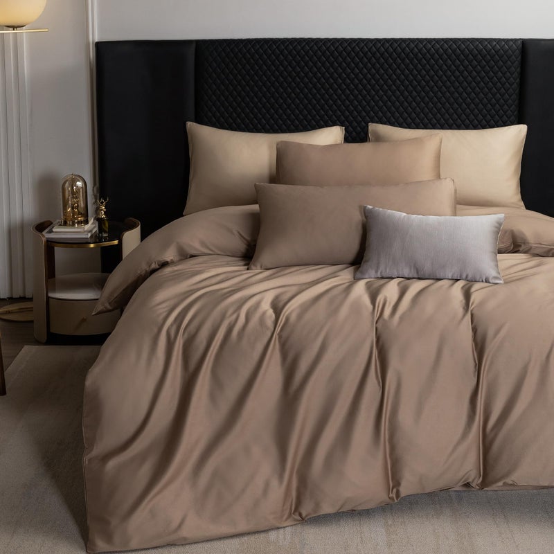 Moomee طقم غطاء لحاف مو ميم من القطن المصري 600 خيط طويل الألياف، نسيج ساتين ناعم فاخر مريح ودائم (بني، كوين) - Image 1