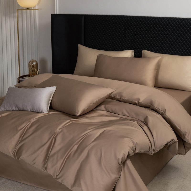 Moomee طقم غطاء لحاف مو ميم من القطن المصري 600 خيط طويل الألياف، نسيج ساتين ناعم فاخر مريح ودائم (بني، كوين) - Image 2