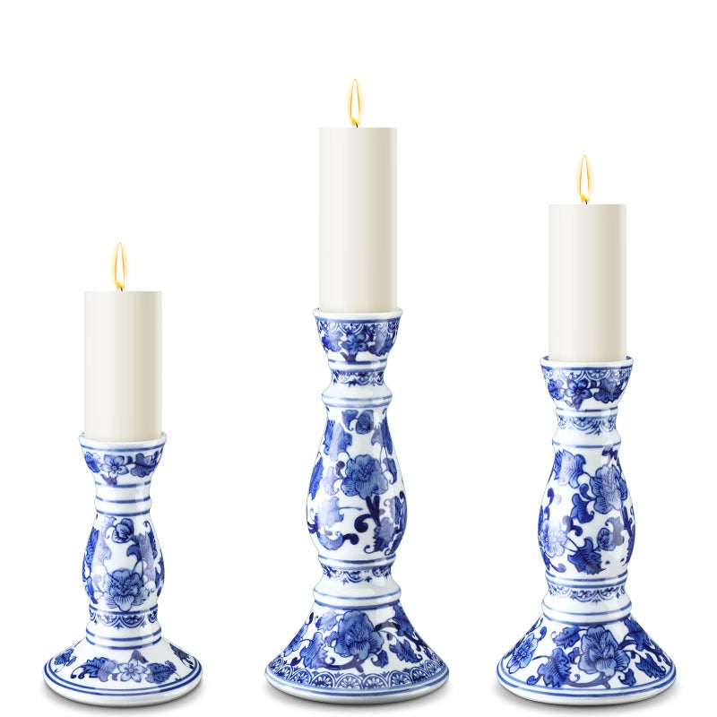 Soaoo Set of 3 Blue and White Porcelain Ceramic Pillar Candle Holder Chinoiserie Pillar Candle Holders Candlestick Decoration for Wedding Party Fireplace Table Home Centerpiece
