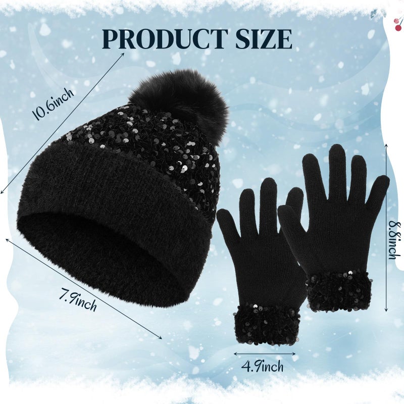 Chicingyou Winter Beanie Hat Gloves Set Furry Hat with Yarn Pom Warm Skull Cap Soft Gloves for Women(Black,Sequined) - Image 2