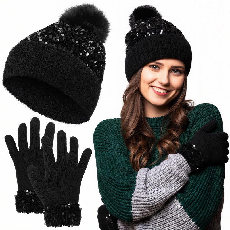 Chicingyou Winter Beanie Hat Gloves Set Furry Hat with Yarn Pom Warm Skull Cap Soft Gloves for Women(Black,Sequined) - Image 1