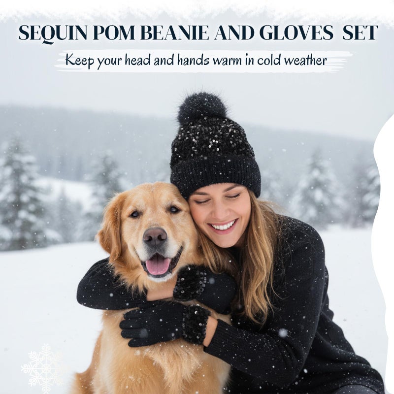 Chicingyou Winter Beanie Hat Gloves Set Furry Hat with Yarn Pom Warm Skull Cap Soft Gloves for Women(Black,Sequined) - Image 4