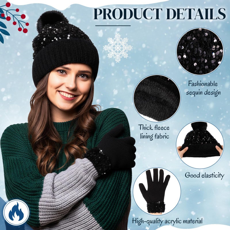 Chicingyou Winter Beanie Hat Gloves Set Furry Hat with Yarn Pom Warm Skull Cap Soft Gloves for Women(Black,Sequined) - Image 3