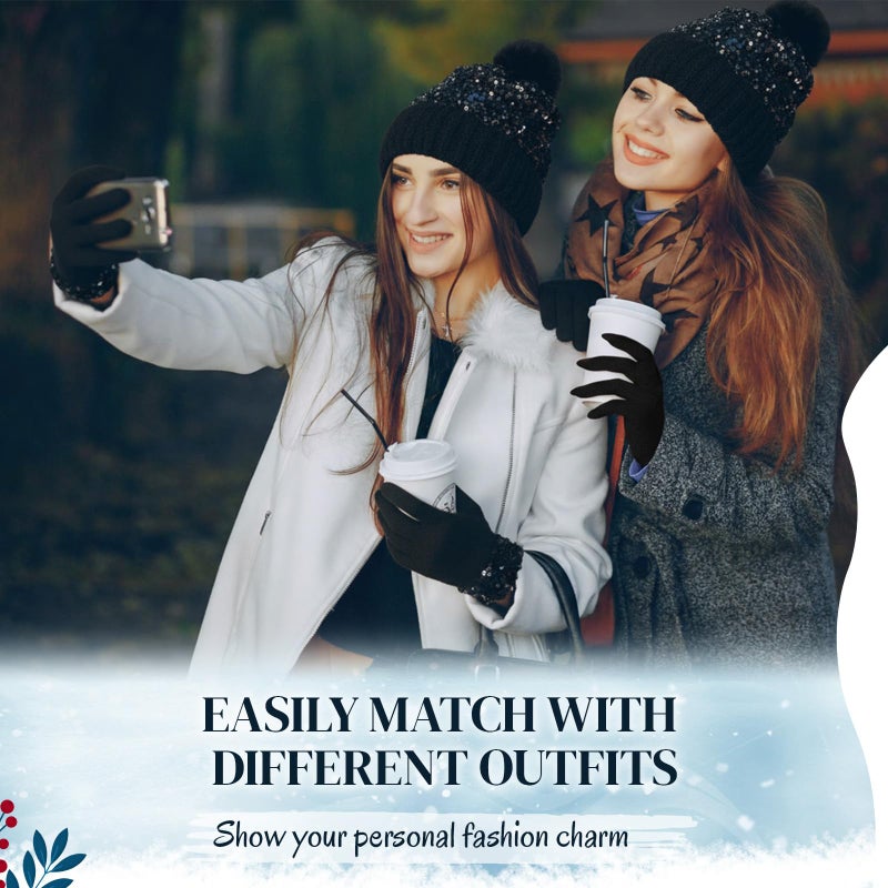 Chicingyou Winter Beanie Hat Gloves Set Furry Hat with Yarn Pom Warm Skull Cap Soft Gloves for Women(Black,Sequined) - Image 5