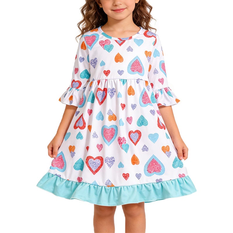 DACSOIT Valentines Toddler Girl Dress Love Hearts Print Ruffle Long Sleeve Casual Dress 5-6Y - Image 1