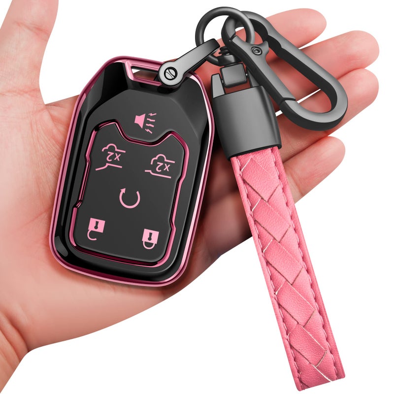 Sindeda for Chevrolet Key Fob Cover with Keychain Soft Full Protection Key Shell Key Case Compatible with Chevy Suburban Tahoe Silverado GMC Terrain Yukon Sierra 1500 2500 3500 HD (Pink, 6 Button) - Image 1