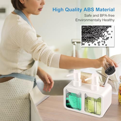 Eavida Kitchen Soap Dispenser Set, with Hand and Dish Soap, Sponge Caddy and Brush Holder 4-in-1 Kitchen Dual Soap Dispenser Set for Kitchen Sink, Bathroom - White - Image 3