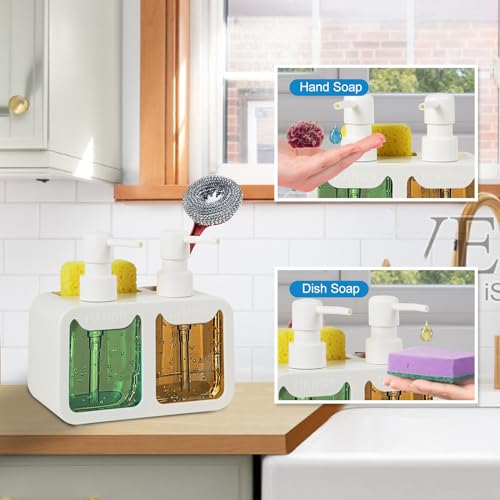 Eavida Kitchen Soap Dispenser Set, with Hand and Dish Soap, Sponge Caddy and Brush Holder 4-in-1 Kitchen Dual Soap Dispenser Set for Kitchen Sink, Bathroom - White - Image 4