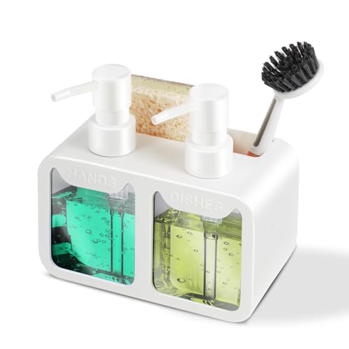 Eavida Kitchen Soap Dispenser Set, with Hand and Dish Soap, Sponge Caddy and Brush Holder 4-in-1 Kitchen Dual Soap Dispenser Set for Kitchen Sink, Bathroom - White - Image 1