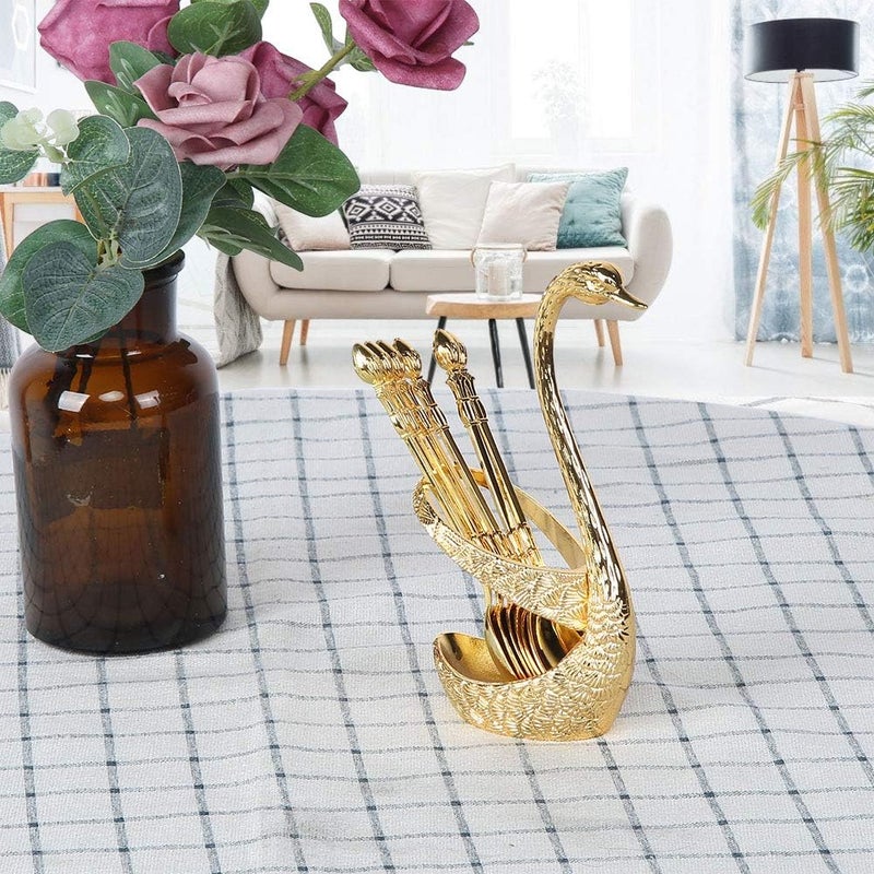 klarako Coffee Espresso Spoon with Swan Holder Stainless Steel Serving Bar Dessert Spoons Set for Ice Cream and Tea(Gold) - Image 4