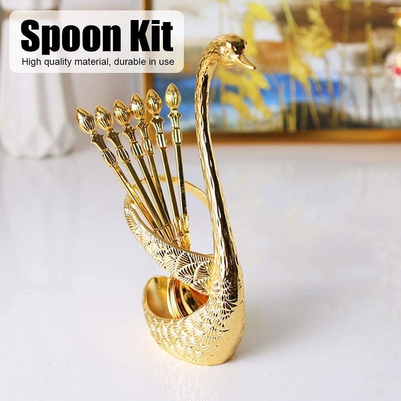 klarako Coffee Espresso Spoon with Swan Holder Stainless Steel Serving Bar Dessert Spoons Set for Ice Cream and Tea(Gold) - Image 1