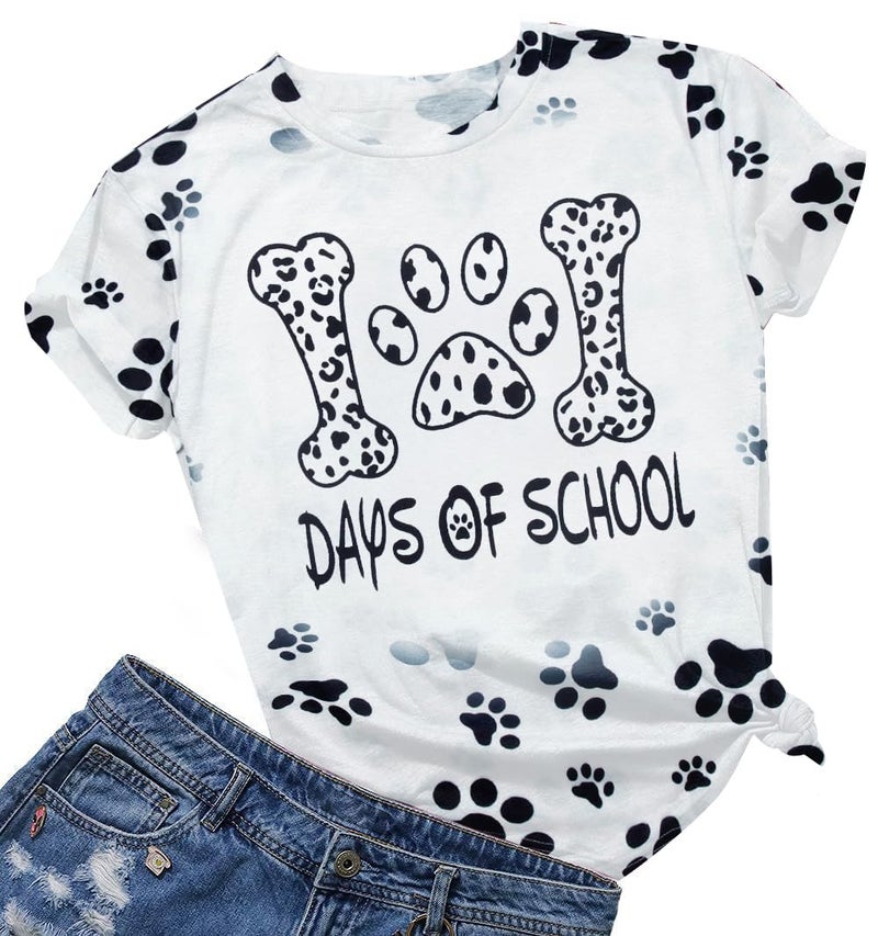 MAXIMGR 101 Day of School Shirt Dalmatian Shirt Women Teacher Shirts Funny Teacher Gifts Tshirt Casual Short Sleeve Tee Tops White - Image 1