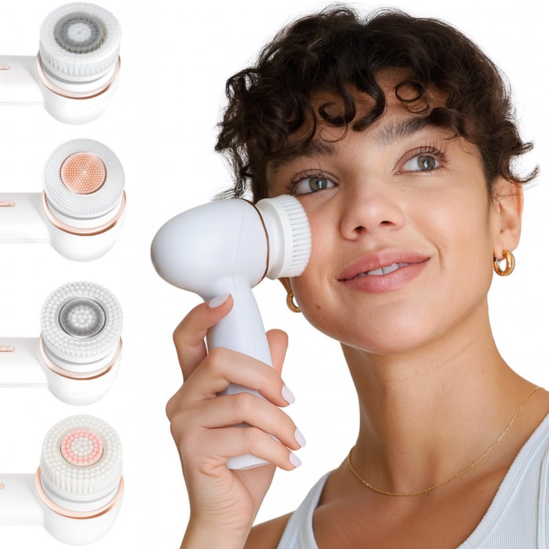 Vanity Planet Raedia 2.0 Facial Cleansing Brush, 4 Interchangeable Brush Heads, White - Daily Cleansing Face Exfoliator for Glowing & Acne Prone Skin - Lightweight Silicone Water-Resistant Body Brush - Image 1