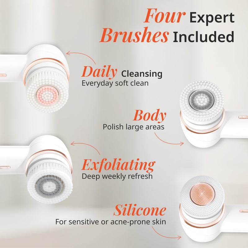 Vanity Planet Raedia 2.0 Facial Cleansing Brush, 4 Interchangeable Brush Heads, White - Daily Cleansing Face Exfoliator for Glowing & Acne Prone Skin - Lightweight Silicone Water-Resistant Body Brush - Image 5