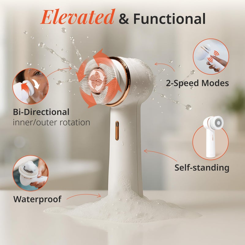 Vanity Planet Raedia 2.0 Facial Cleansing Brush, 4 Interchangeable Brush Heads, White - Daily Cleansing Face Exfoliator for Glowing & Acne Prone Skin - Lightweight Silicone Water-Resistant Body Brush - Image 3