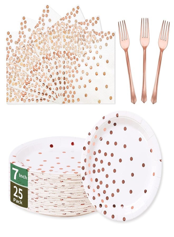 CENLBJ Rose Gold Paper Plates and Napkins Tableware Set-25 x 7''Dessert Plates & 25 x 6.5''Napkins & 25 x 7.3'' Forks,Rose Party Supplies for Birthday,Wedding,Bridal Showers,Anniversary(Serve 25) - Image 1
