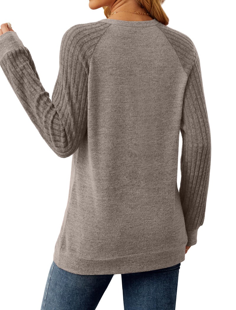 Saloogoe Long Sleeve Shirts for Women Fall Tops 2025 Trendy Ladies Tunic Sweaters Loose Fit Dressy Old Money Clothes Fall Outfits Khaki L - Image 4
