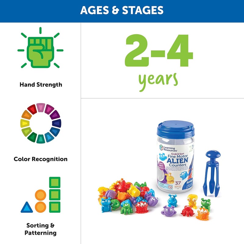 Learning Resources Grab & Sort Fine Motor Alien Counters, STEM Toys for Kids, Space Décor, Preschool Fine Motor Skills, PreK Manipulatives, 37 Pieces, Age 3+ - Image 5