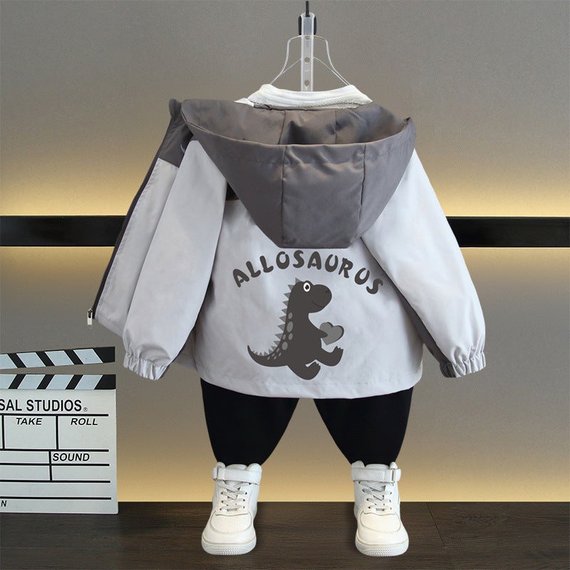 Childrens Clothing 2025 New Boys Coat Childrens Dinosaur Jacket Top Mens Baby Trendy Hooded Coat Thin Grey (tiptoe dragon) 