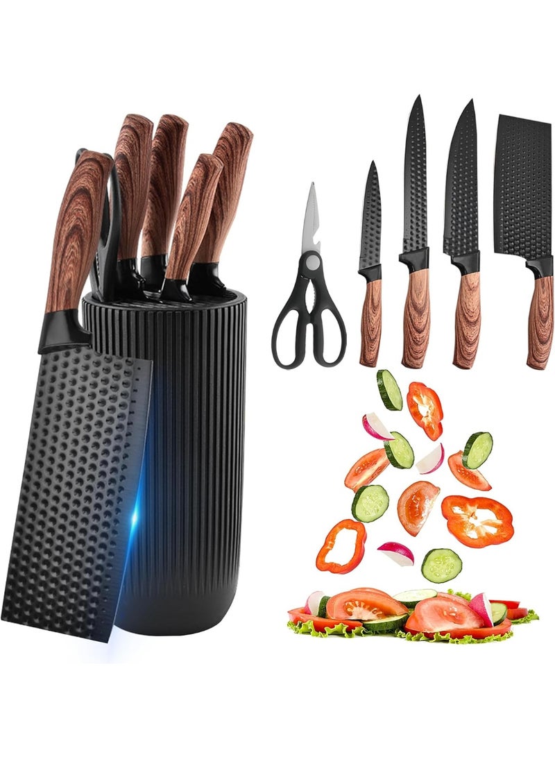 منزل الغابة طقم سكاكين للمطبخ، طقم سكاكين مطبخ أسود مكون من 5 قطع مع حامل سكاكين – شفرات حادة من الفولاذ المقاوم للصدأ غير اللاصق، مقاوم للصدأ وتصميم مريح للاستخدام في المنزل، المطاعم، وفي الهواء الطلق - Image 1