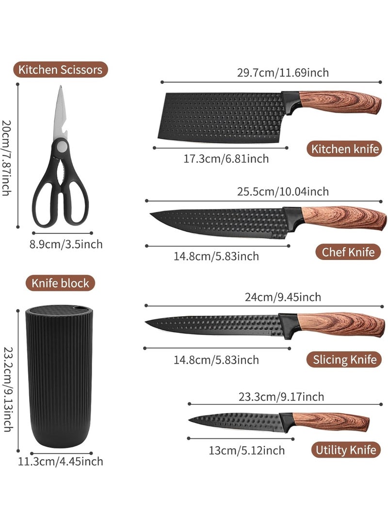 منزل الغابة طقم سكاكين للمطبخ، طقم سكاكين مطبخ أسود مكون من 5 قطع مع حامل سكاكين – شفرات حادة من الفولاذ المقاوم للصدأ غير اللاصق، مقاوم للصدأ وتصميم مريح للاستخدام في المنزل، المطاعم، وفي الهواء الطلق - Image 2