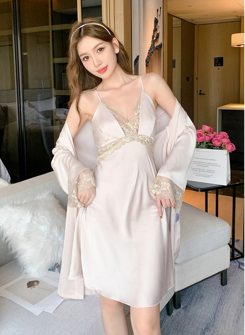 Loquat Women's Lace Stitching 2-Piece Set Nightgown Slip Mini Dress And Long Sleeve Night-Robe Soft Loungewear Pajamas Suit Light Beige  - Image 1