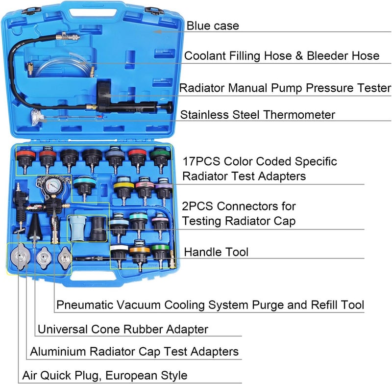 YSTOOL Radiator Pressure Tester Pneumatic Vacuum Cooling System Purge Refill Kit 28PCS - Image 2