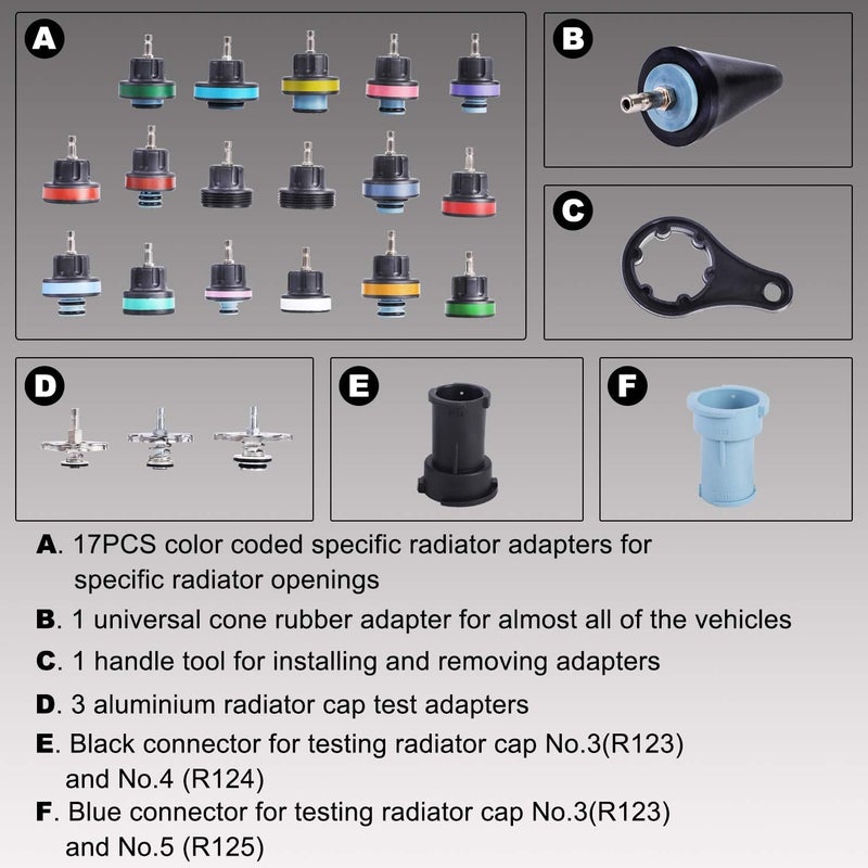 YSTOOL Radiator Pressure Tester Pneumatic Vacuum Cooling System Purge Refill Kit 28PCS - Image 5
