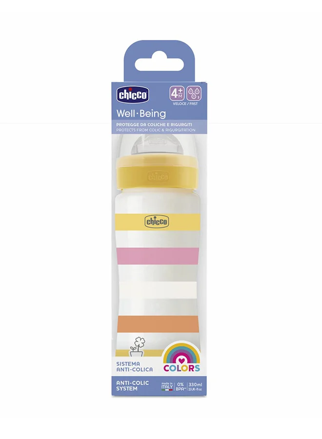 شيكو Well-Being Plastic Feeding Bottle 330ml Fast Flow 4m+ Silicone, Yellow