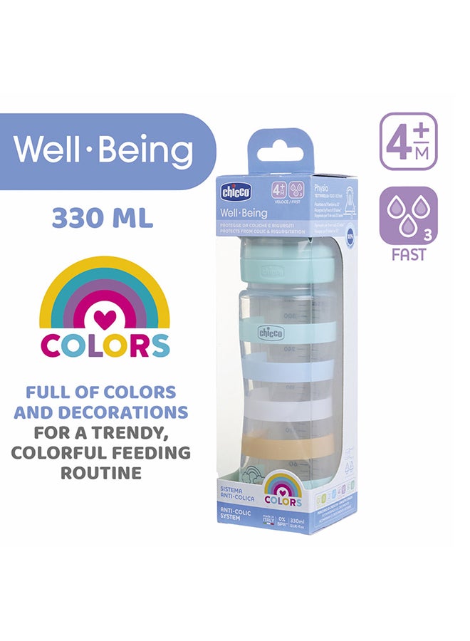 Chicco Well-Being Plastic Feeding Bottle 330ml Fast Flow 4m+ Silicone, Yellow - Image 4